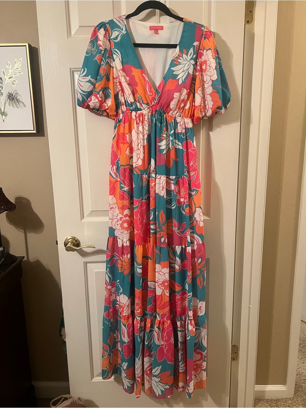 NWOT Flying Tomato Multicolor Tropical Floral Tiered Puff Sleeve Maxi Dress Sm